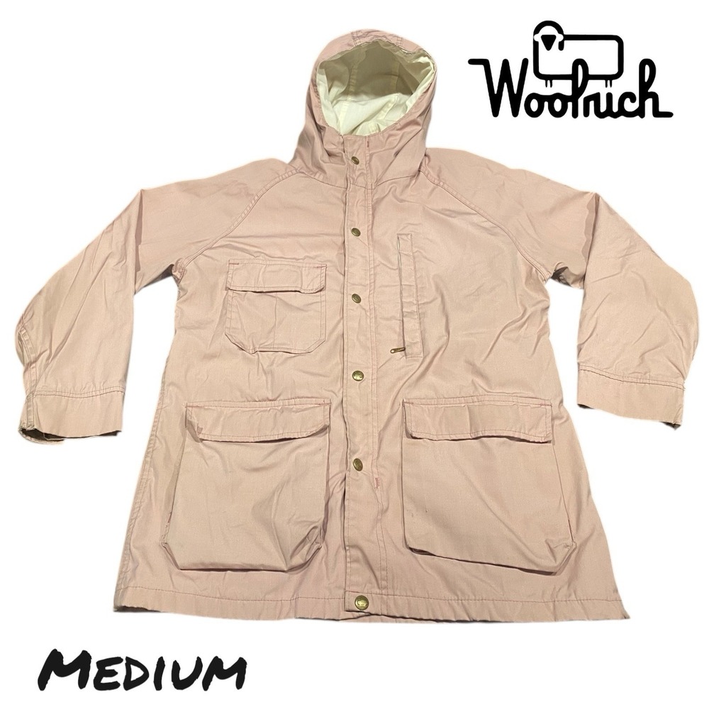 VTG Woolrich Jacket Womens MED Pink Chore Coat 80s Rain Lined Made In USA Hood